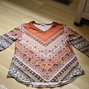 ONE WORLD Burnt Orange V-Neck Boho Print Long Sleeve Top